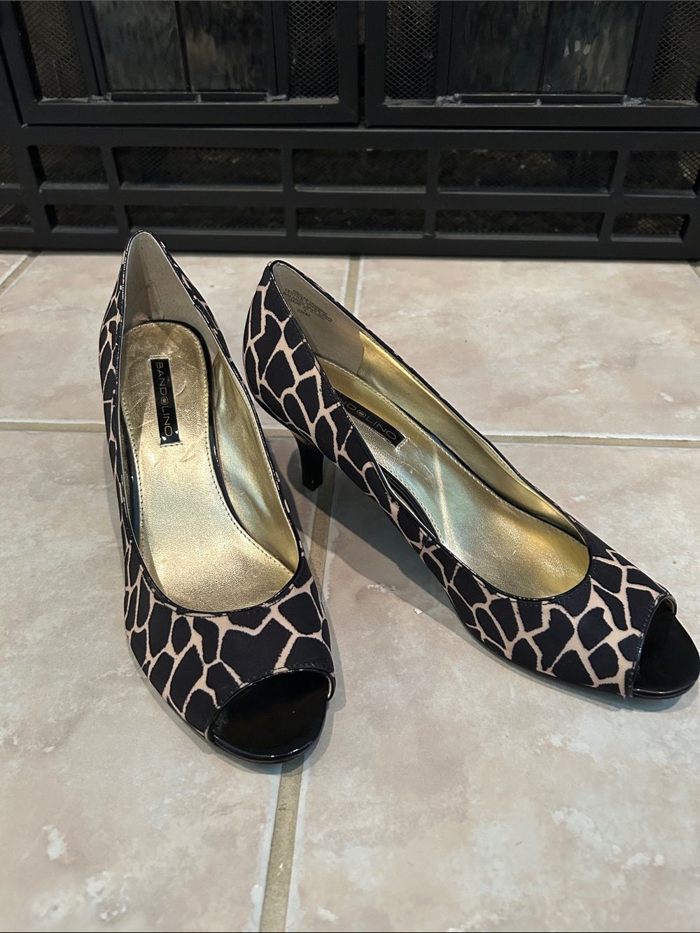 Franco Sarto Black & Beige Giraffe-Pattern Peep-Toe Heels